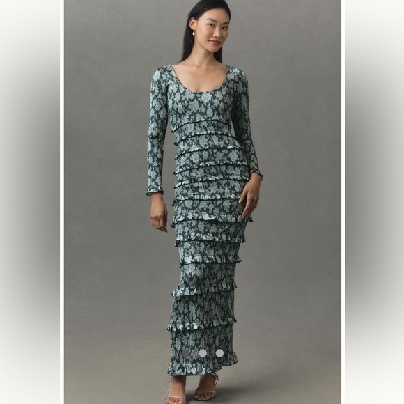 V. Chapman Dresses & Skirts - NWT Anthropologie V. Chapman Green Floral Longsleeve Ruched Ruffle Maxi Dress